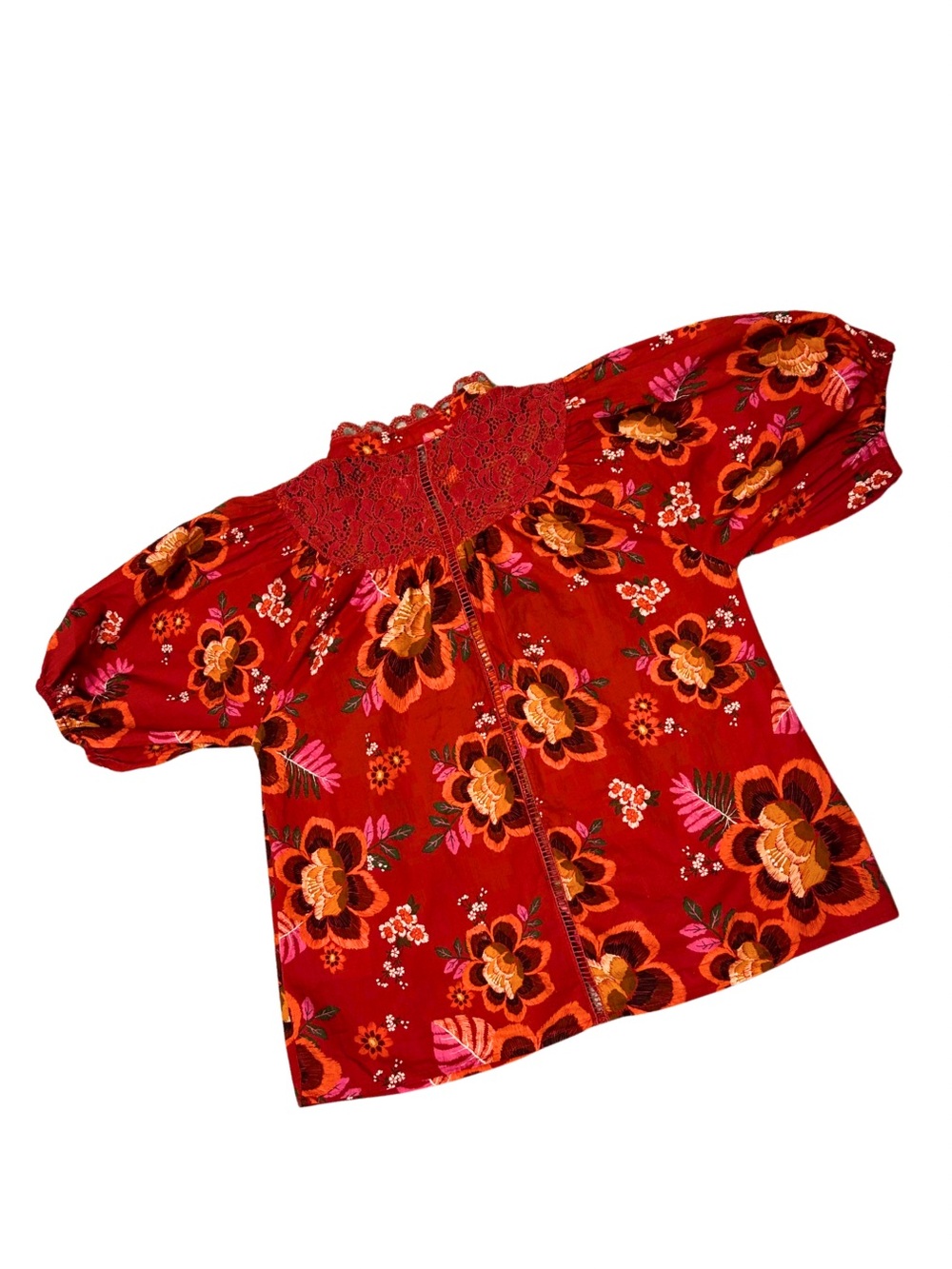 FARM Rio Women’s XS Floral Puff Sleeve Lace Button Blouse Red Boho Cottagecore - Picture 9 of 11